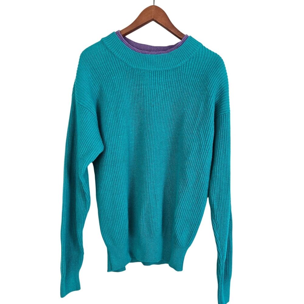 Deadstock Vintage 80s Charm Hunter Club Teal & Purple Chunky Ribbed Knit Sweater